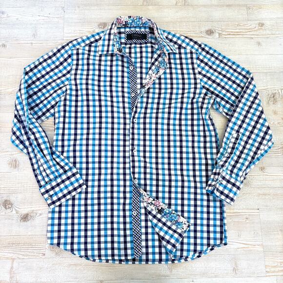 Coogi Classic Gingham Floral Button Down‎ Shirt | Blue Medium 15.5 32/33 - Picture 1 of 9